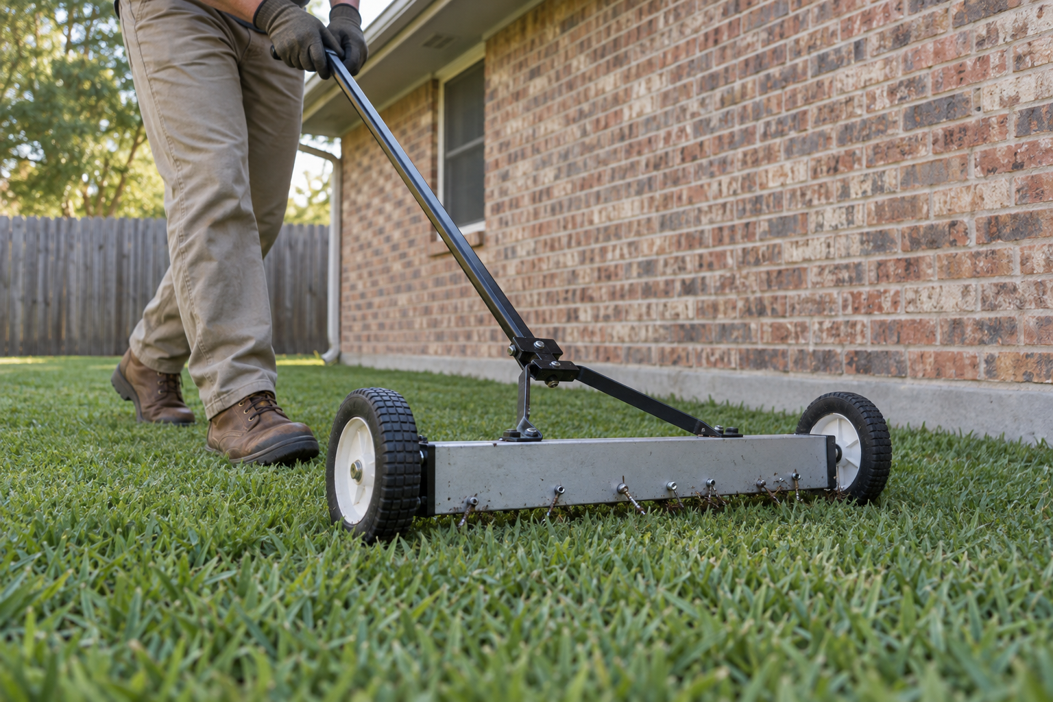 Magnetic nail sweeper being rolled across a lawn beside a house after roof work