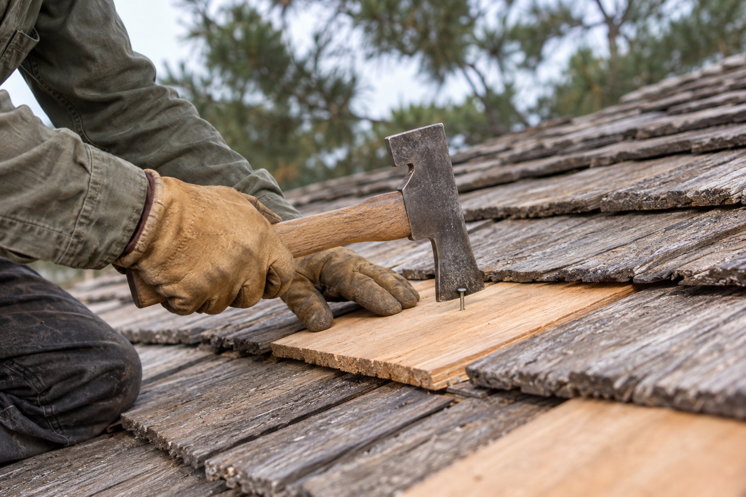 Roofer's gloved hands driving a new cedar shake into a course with a shingler's hatchet