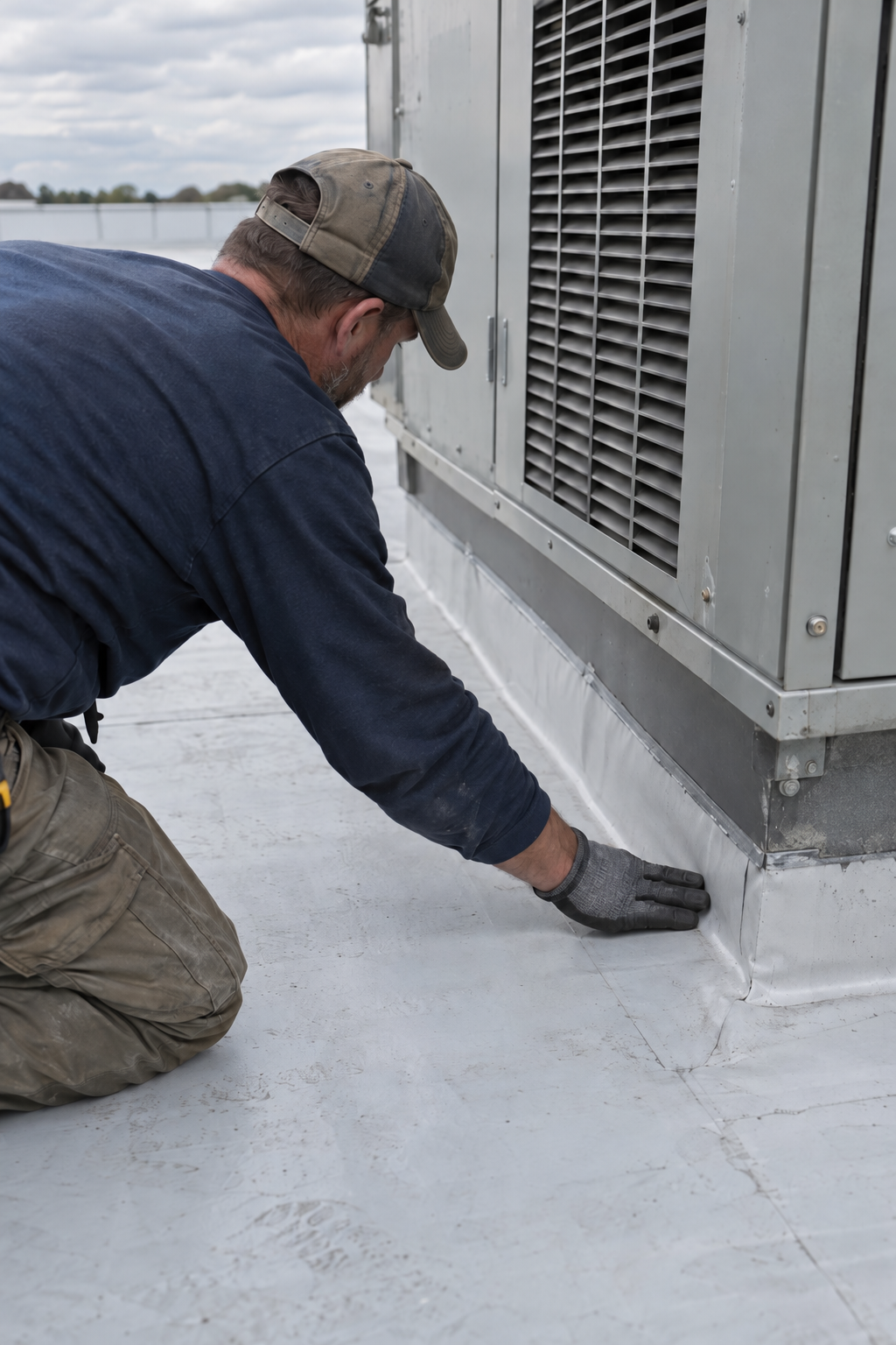 Roofer kneeling at the base of a rooftop air-conditioning unit, checking the flashing seam along its curb