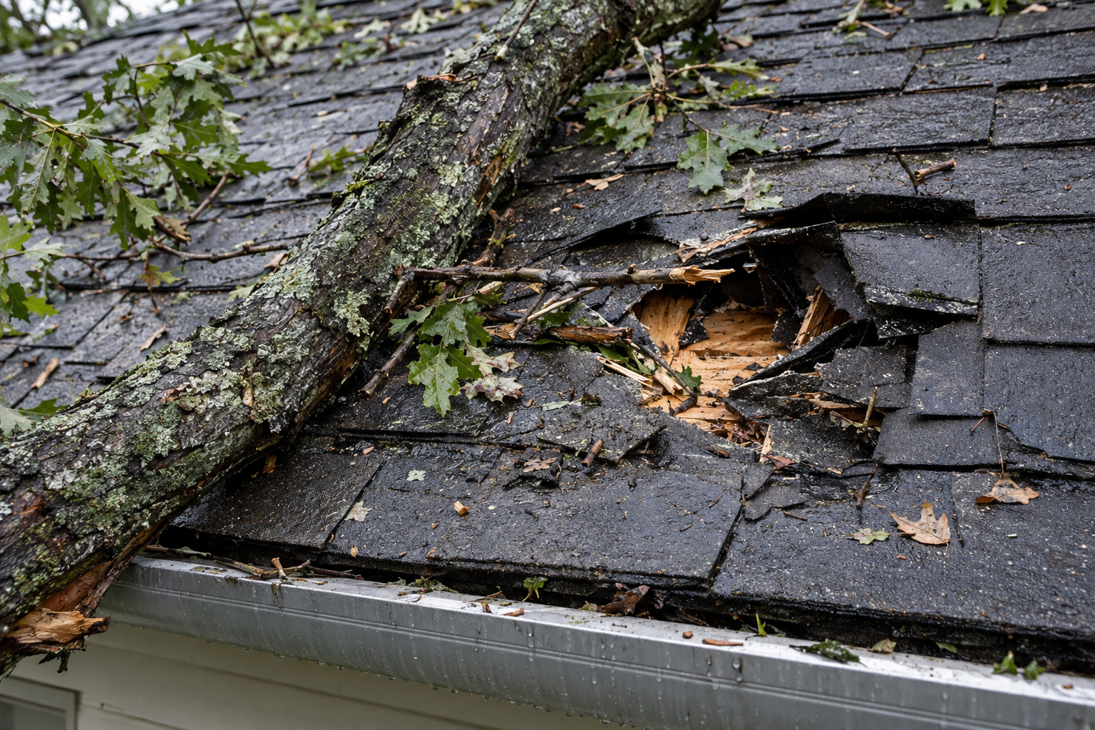 Fallen tree limb lying across a shingle roof beside a punctured, splintered opening