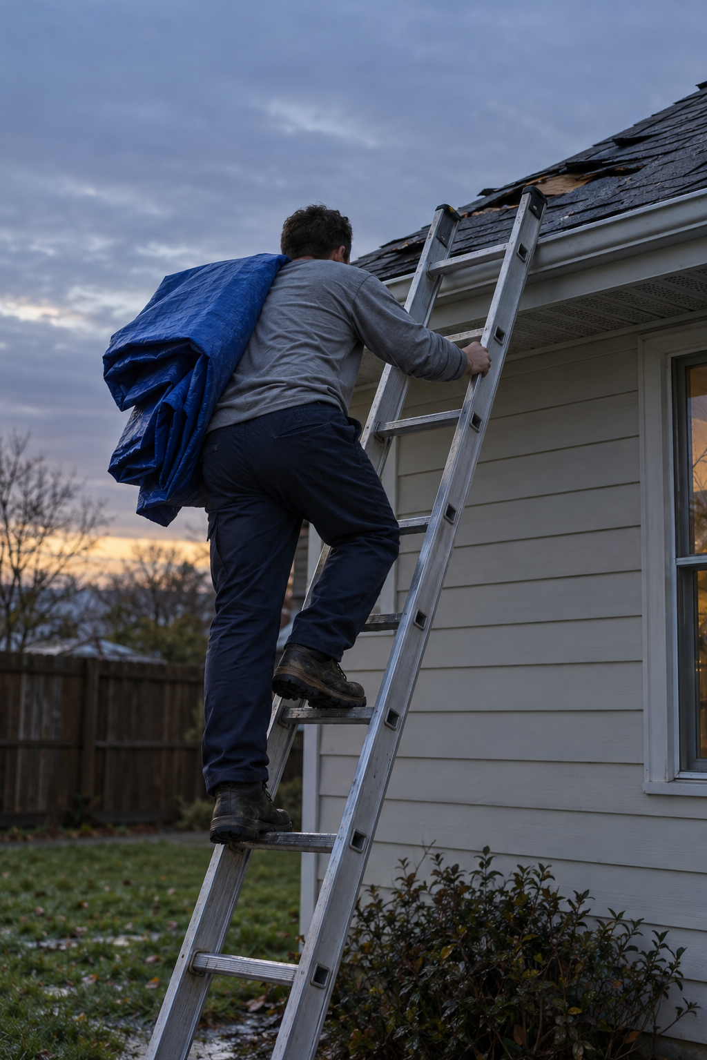 Roofer carrying a folded blue tarp up an extension ladder to a damaged roof at dusk