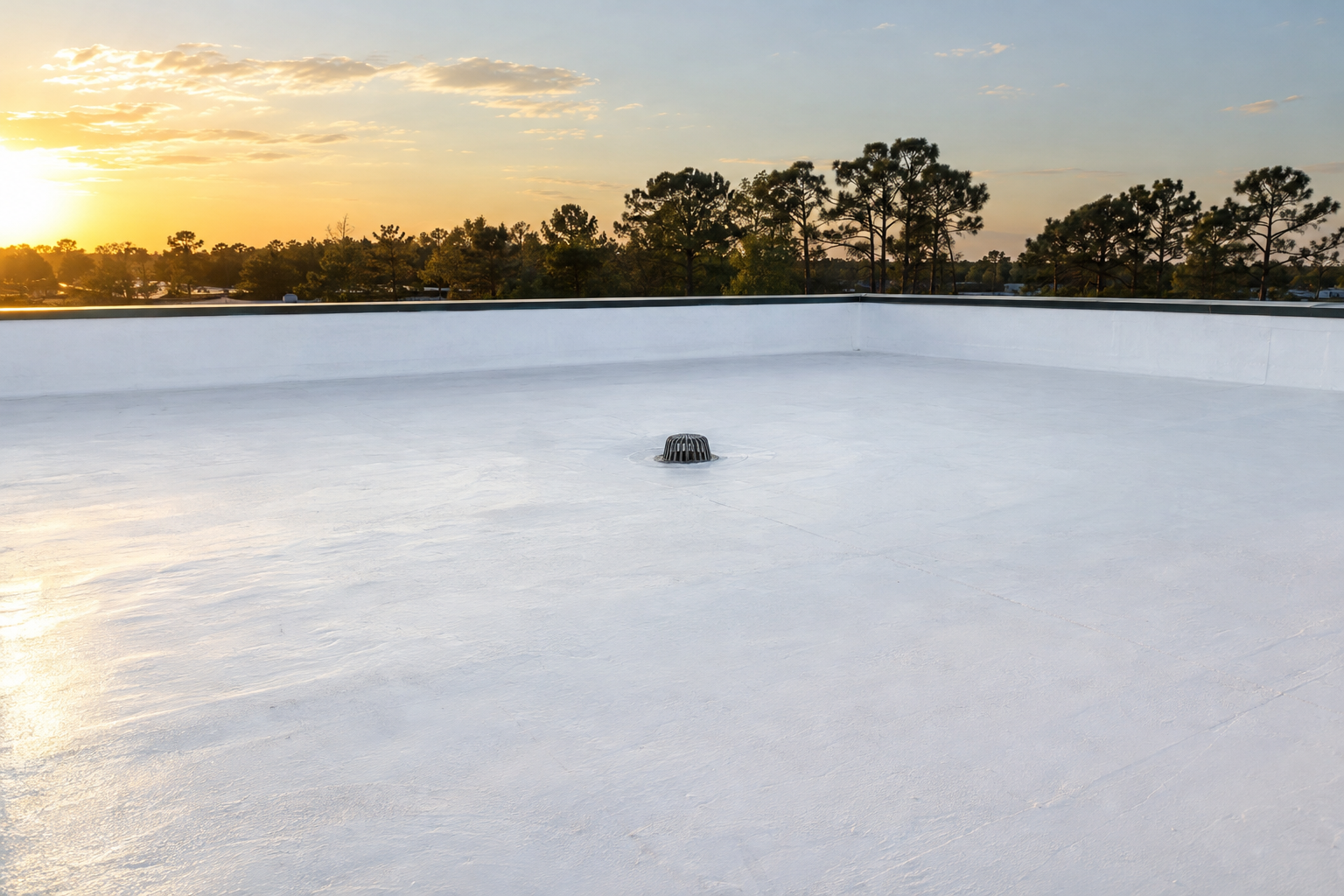 Bright white coated flat roof with a clean parapet edge under a hazy sky