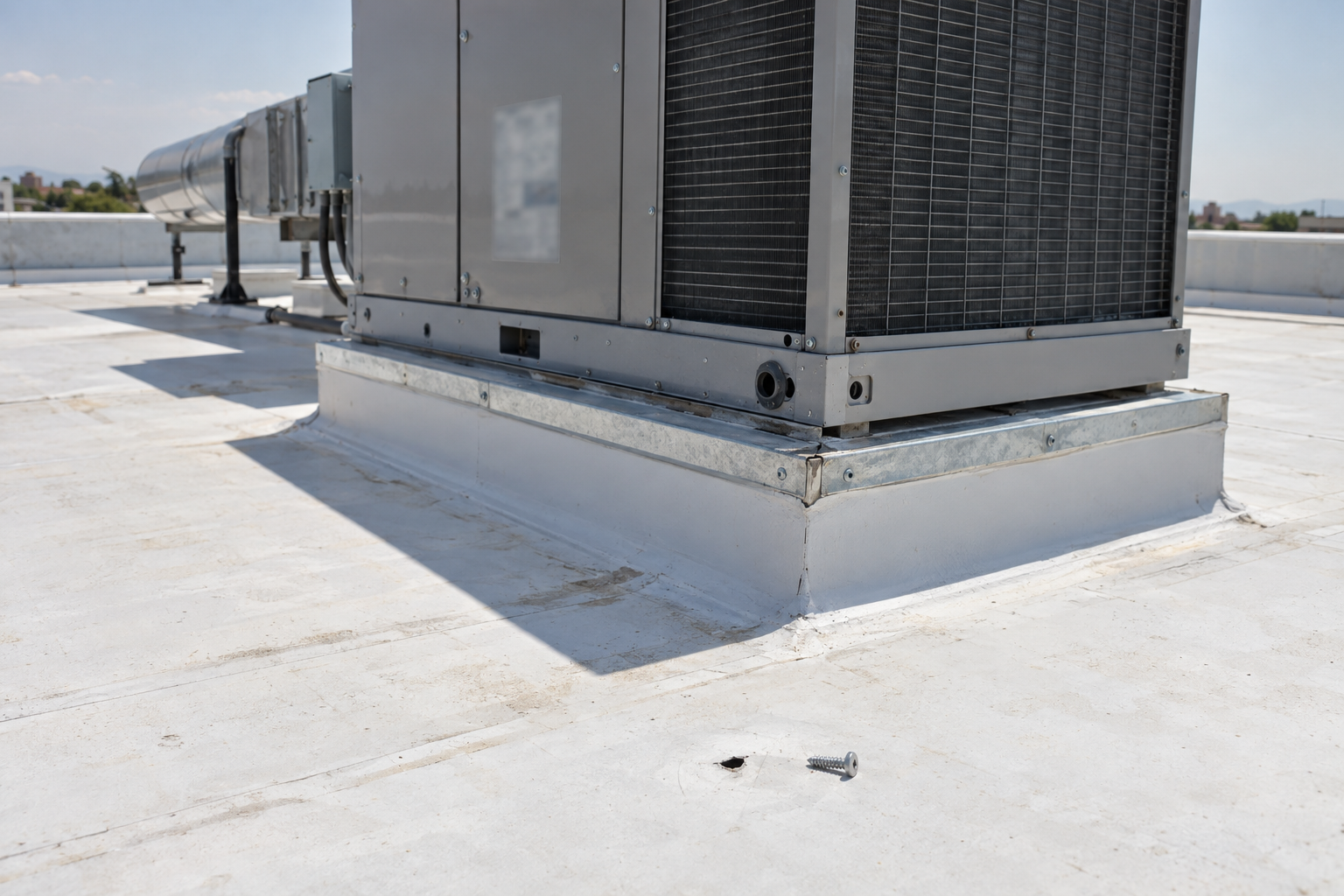 Rooftop air-conditioning unit on a flat roof with a small patched puncture in the membrane beside it