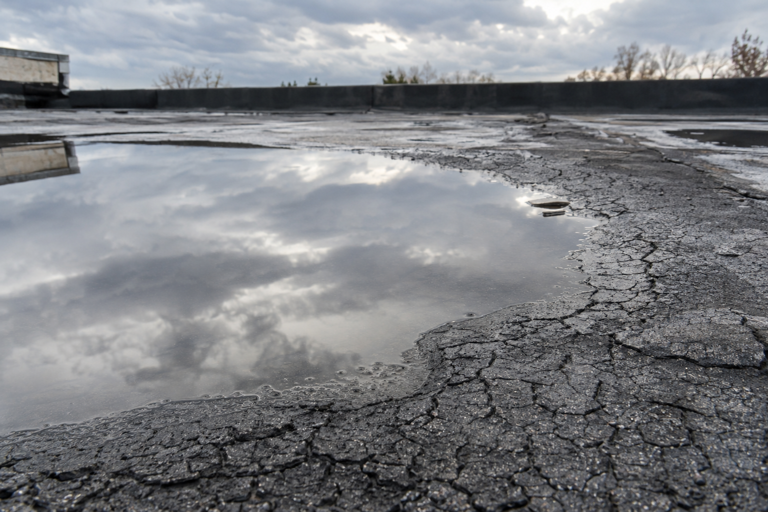 Shallow pool of standing water on an aged grey flat roof with cracked, crazed surface around its edge