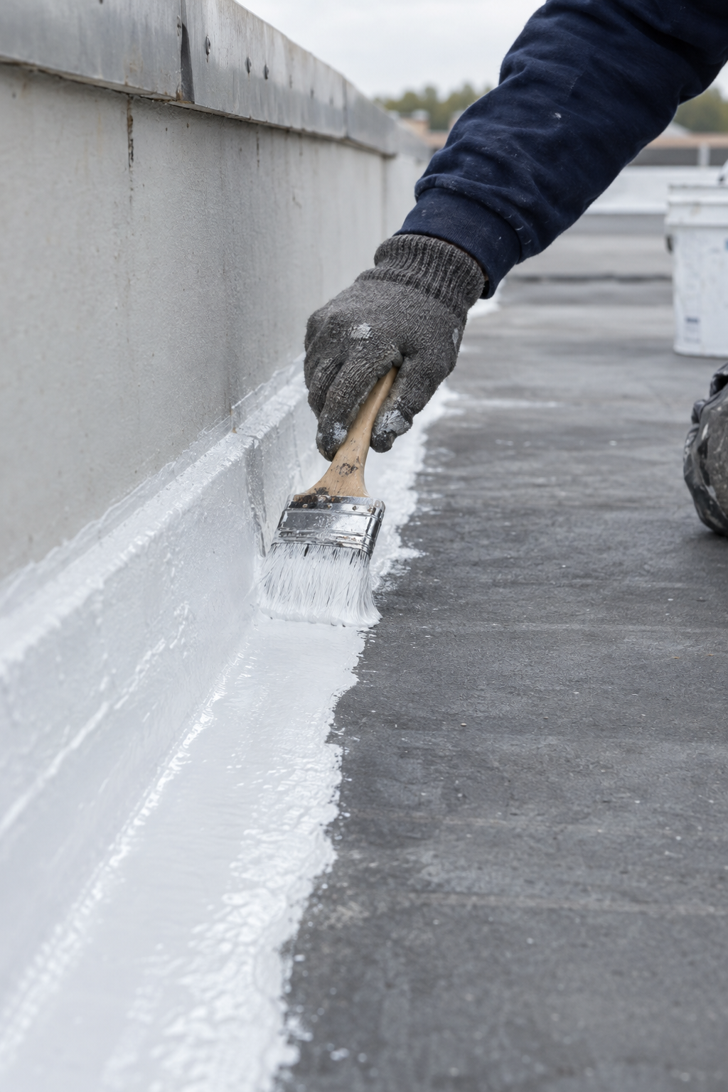 Brush working bright white coating into a seam along the base of a parapet on a grey flat roof