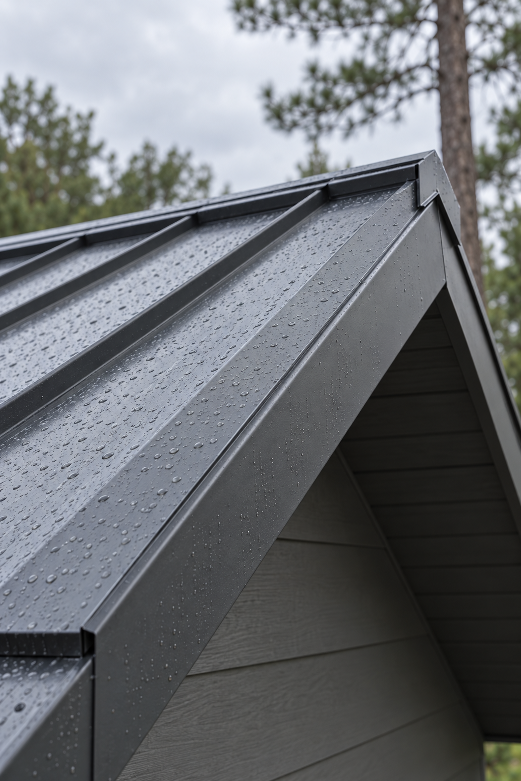 Standing-seam metal roof panels and trim at the gable edge of a house