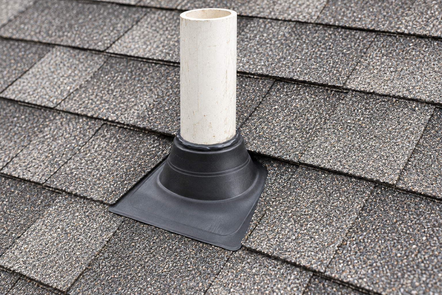 New rubber pipe boot sealed around a vent pipe on an asphalt shingle roof