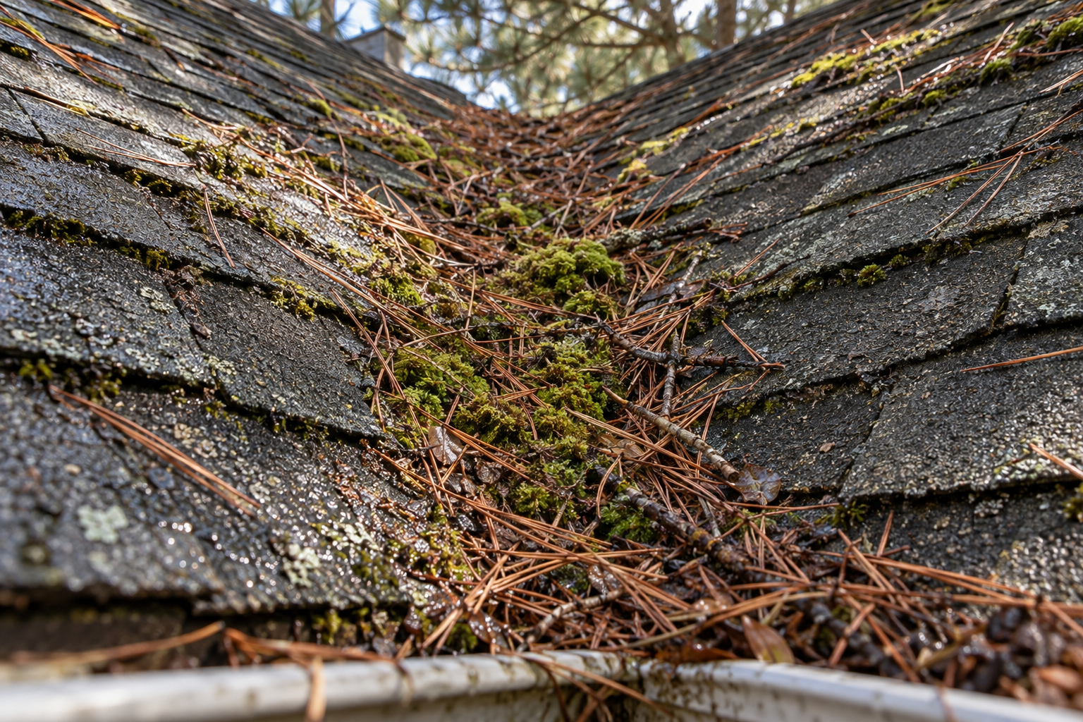 Roof valley packed with pine needles, twigs and moss between two shingle slopes