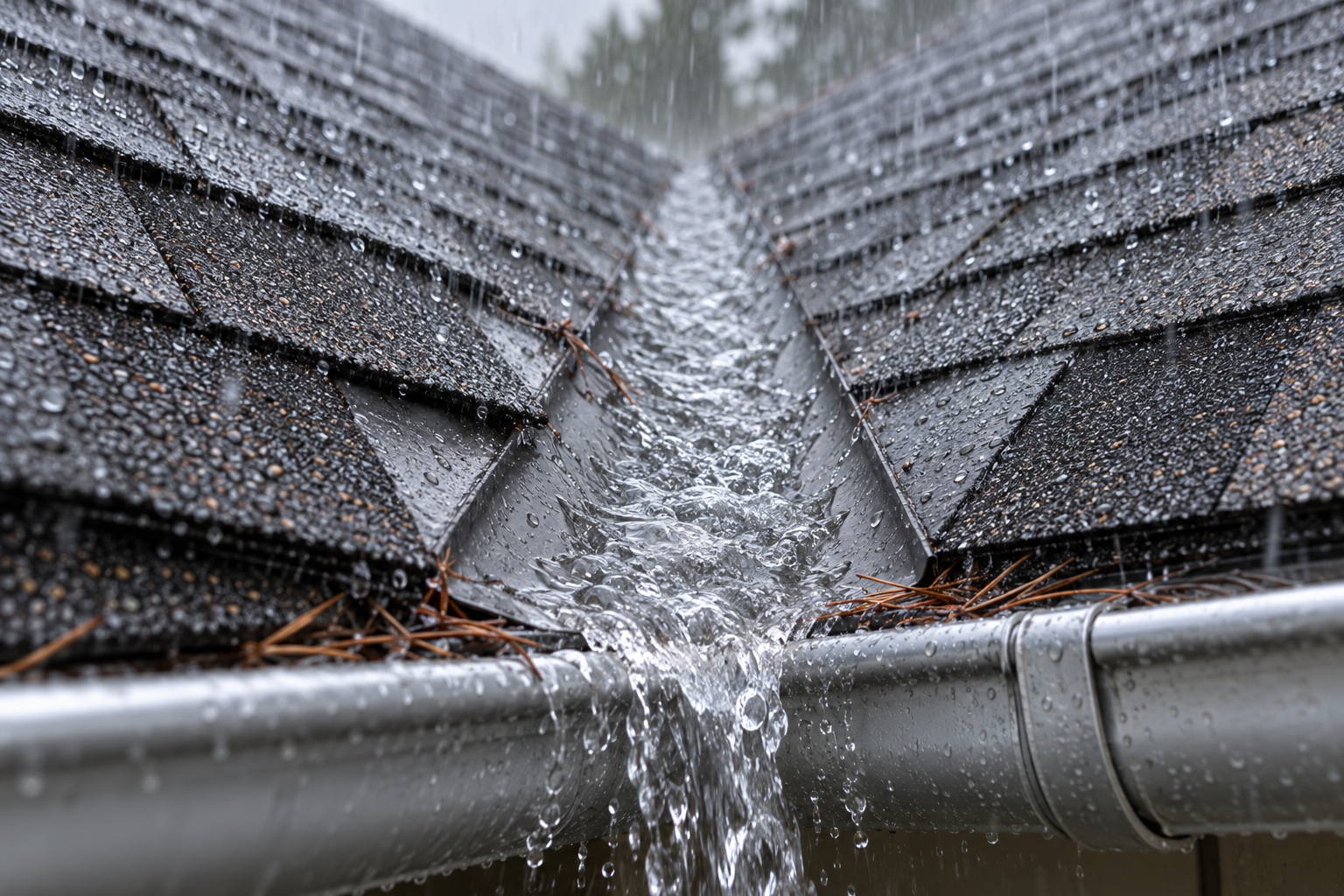 Rainwater sheeting down an open metal valley between two shingle slopes into a gutter