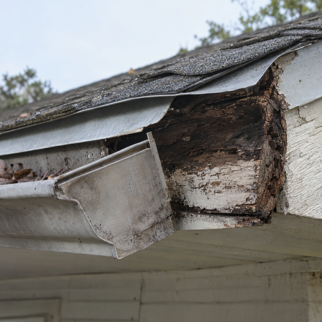 Rotted fascia board at the eave of a house under a sagging gutter