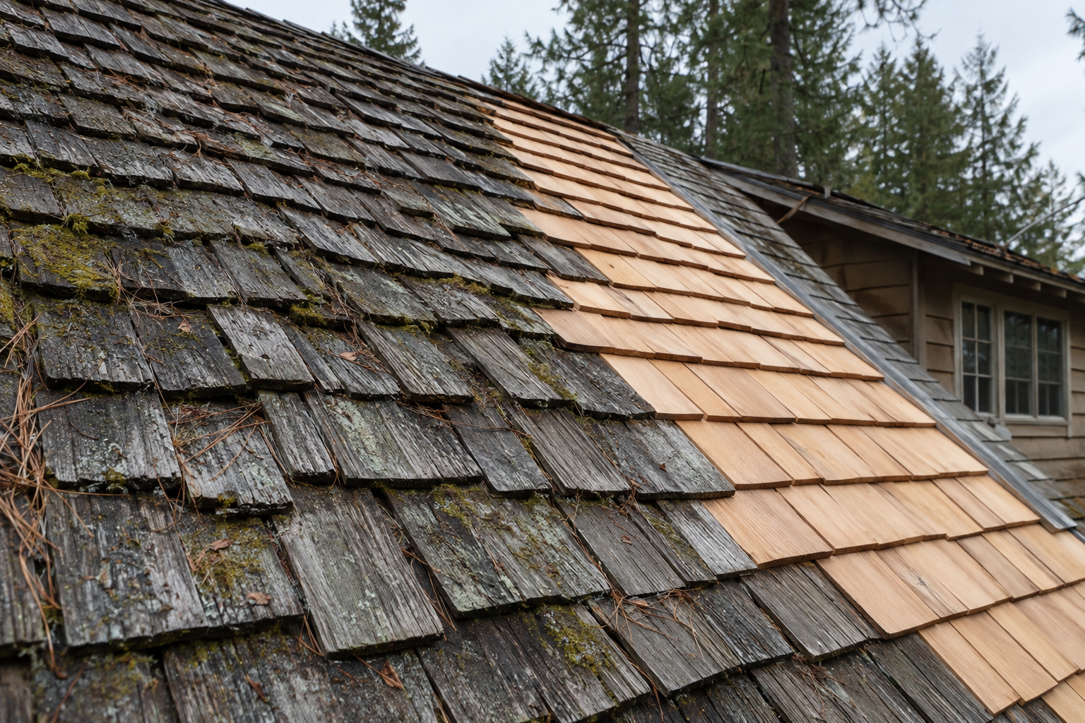 Cedar shake roof with split, mossy old shakes beside freshly replaced pale shakes