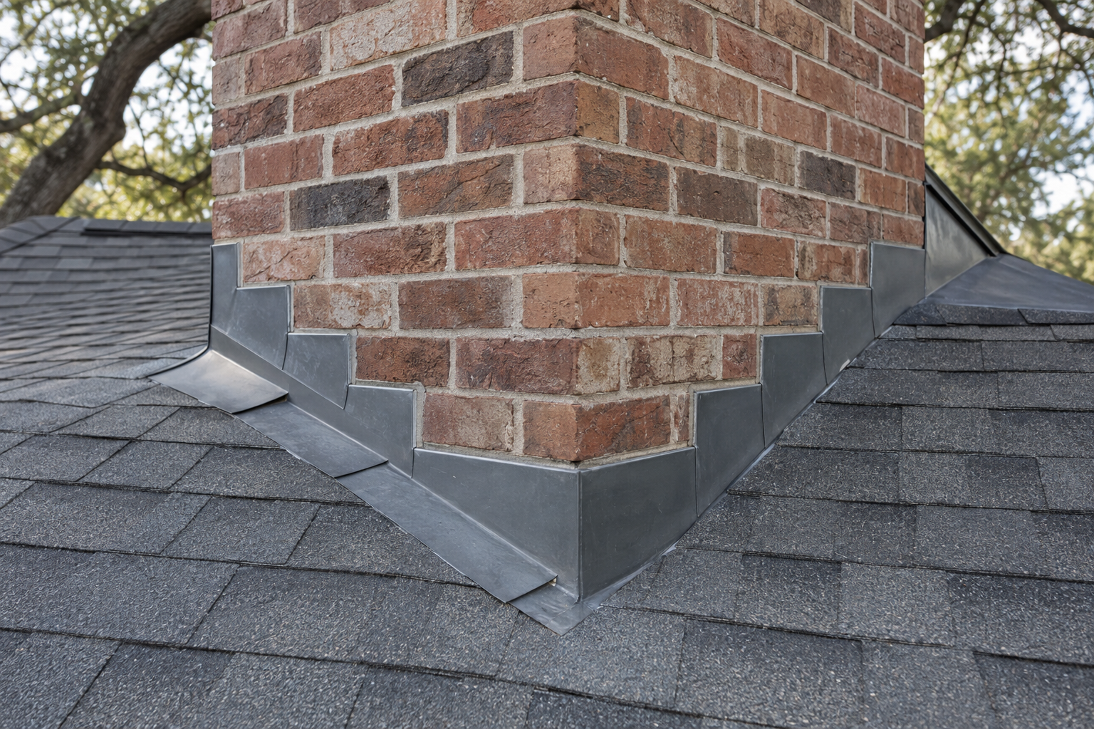 Brick chimney on a shingle roof with step flashing and counterflashing let into the mortar