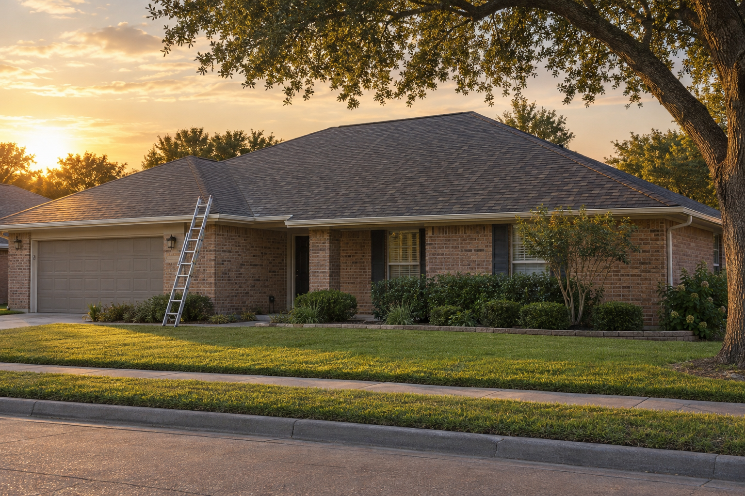 Finished shingle roof on a brick ranch house at golden hour with a ladder at the eave