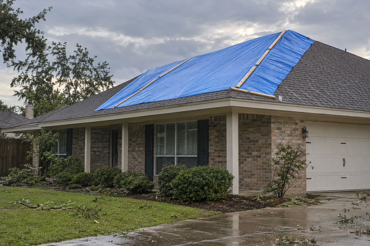 Blue tarp stretched over a damaged roof slope and held down with wood battens