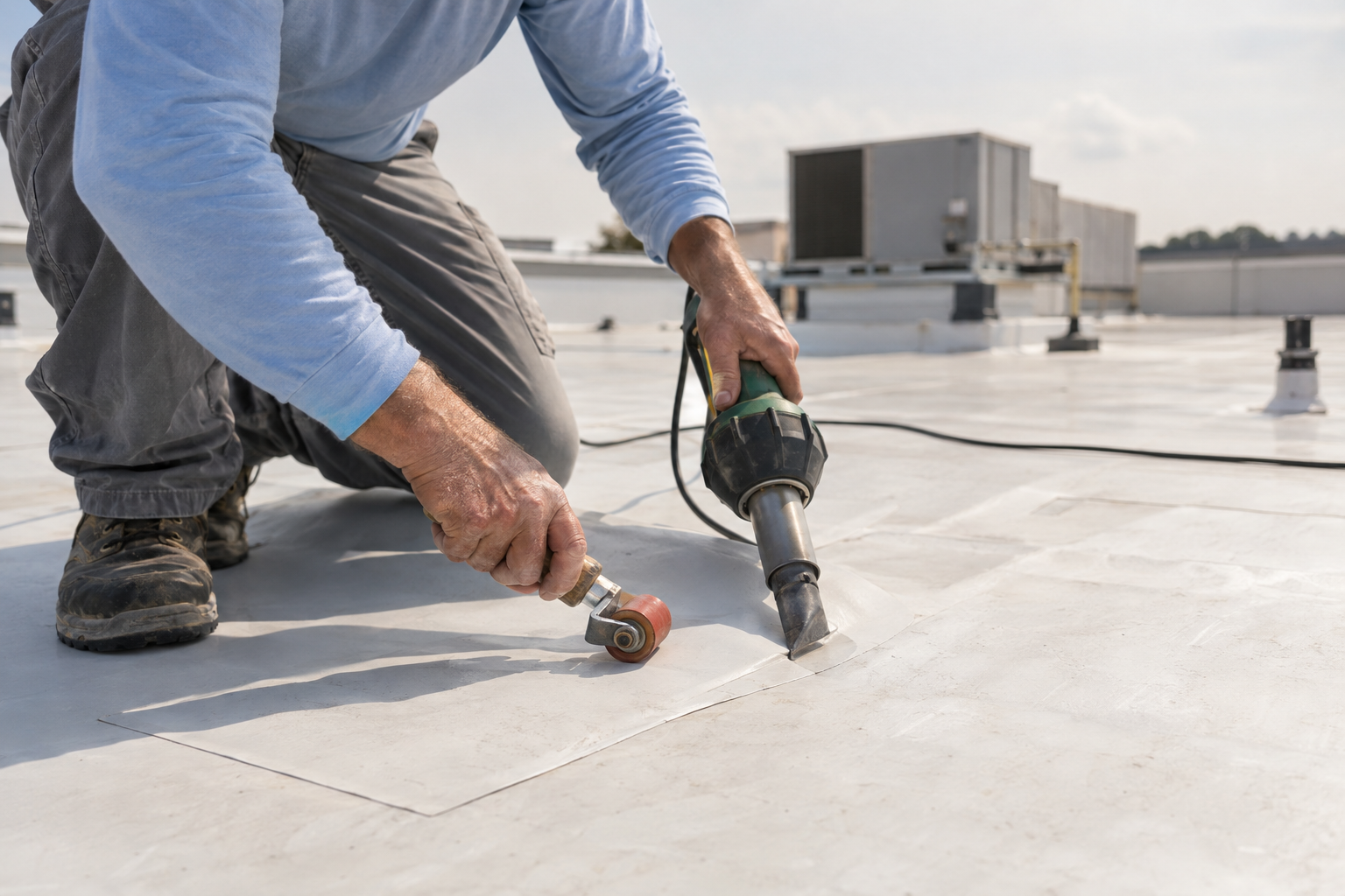 Roofer heat-welding a membrane patch on a white flat roof with a hand welder and roller