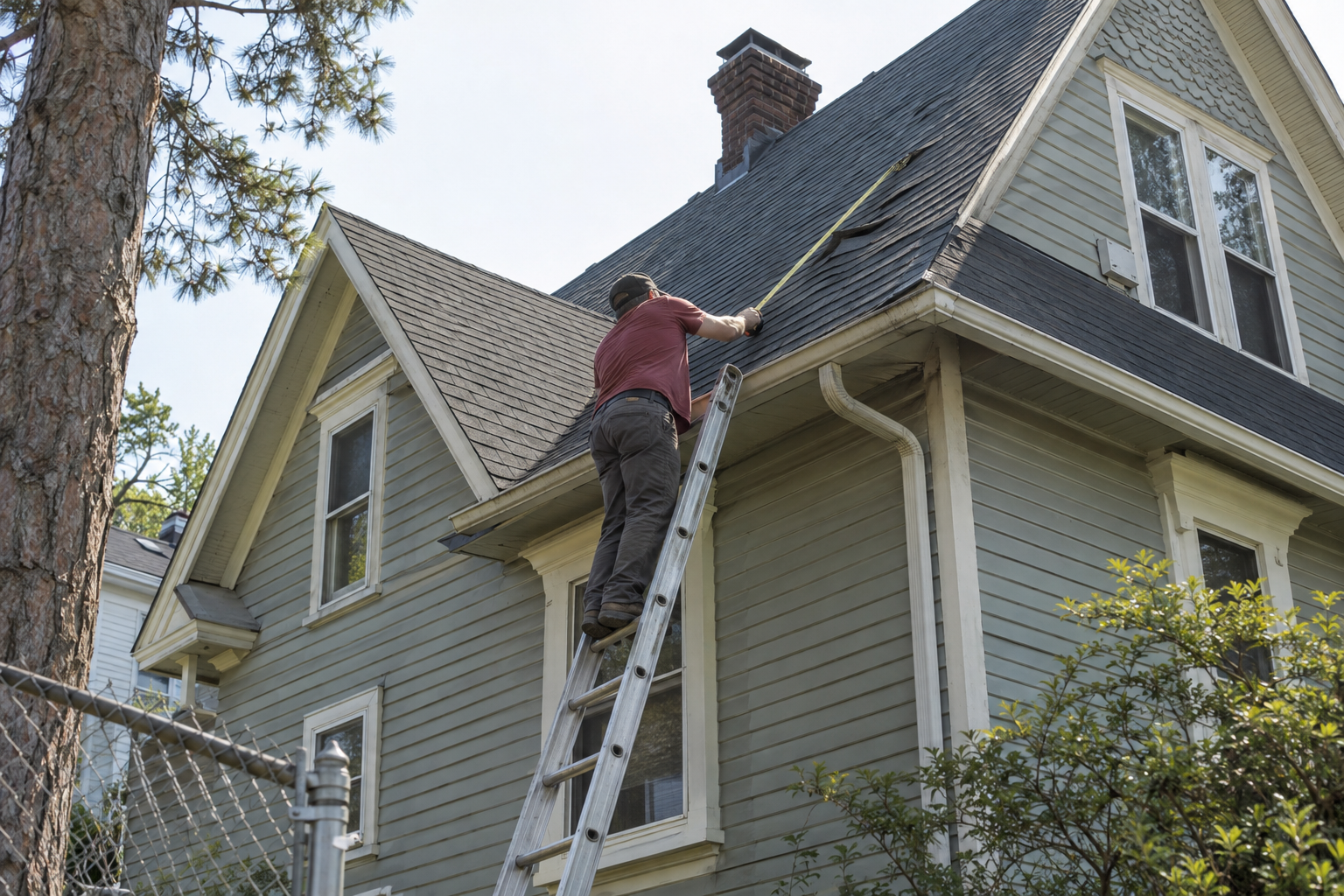 Roofer on a ladder at the eave of a steep roof measuring up the slope