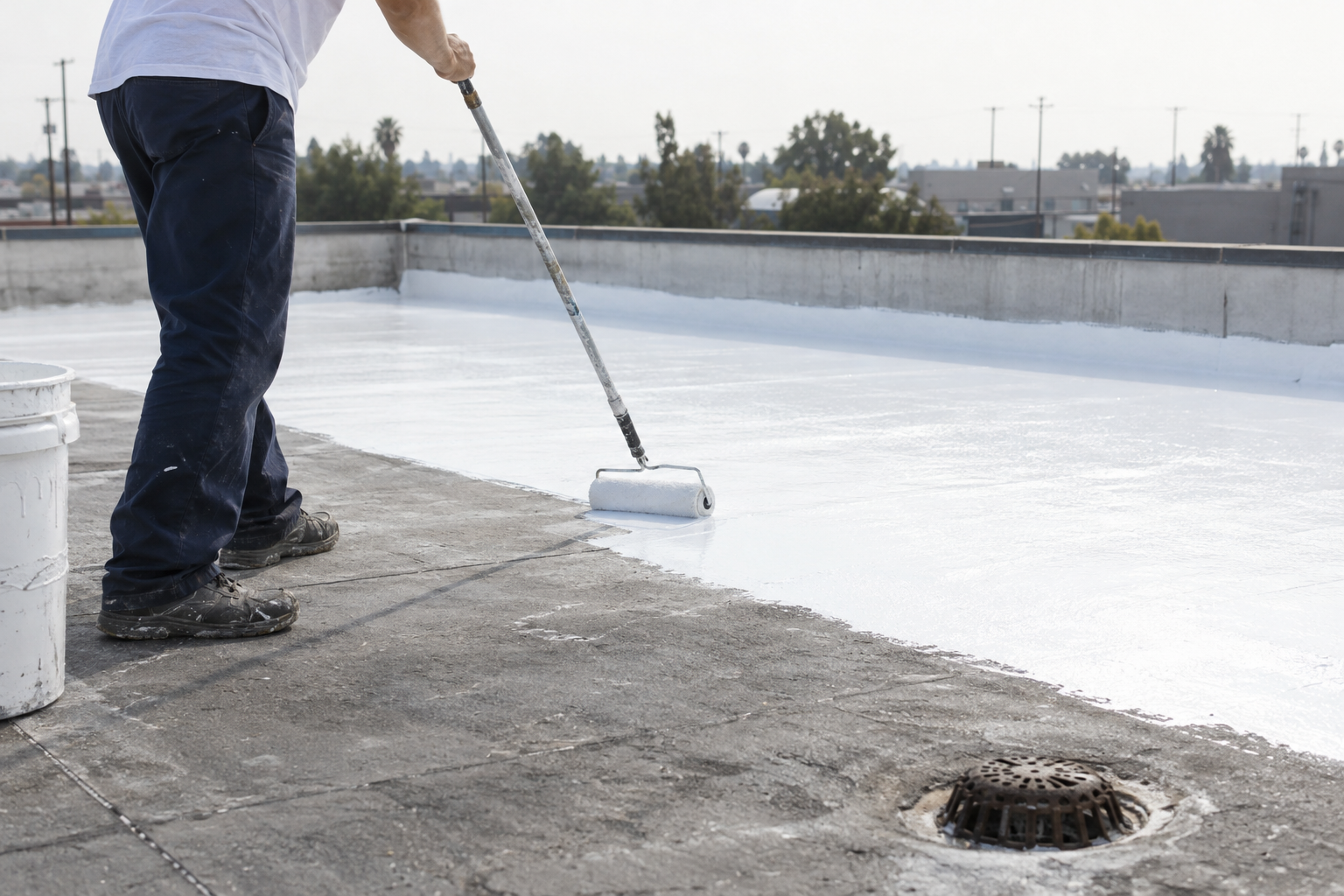 Roller laying bright white coating across an aged grey flat roof, half coated