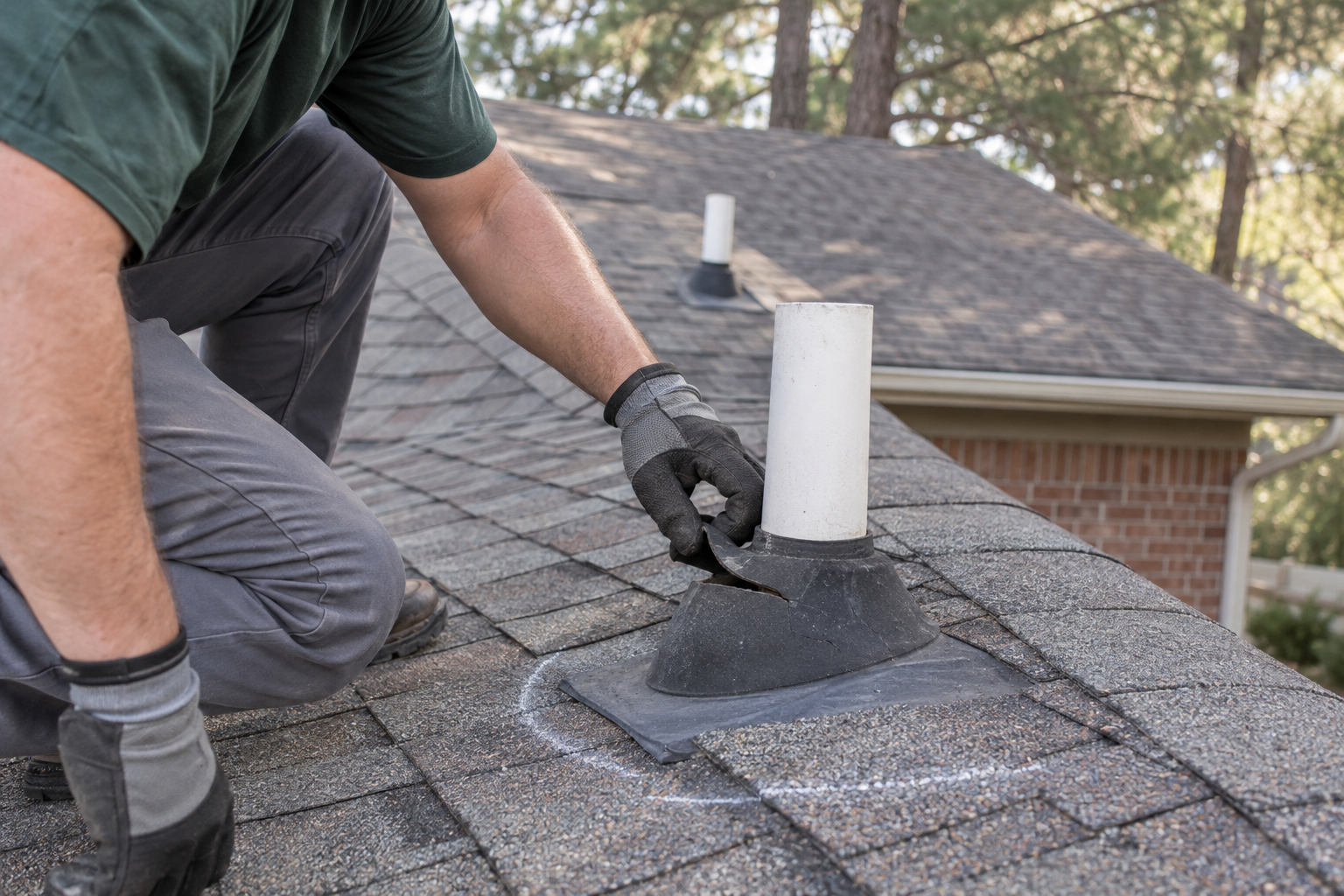 Roofer crouched on a shingle roof examining a cracked pipe boot marked with chalk