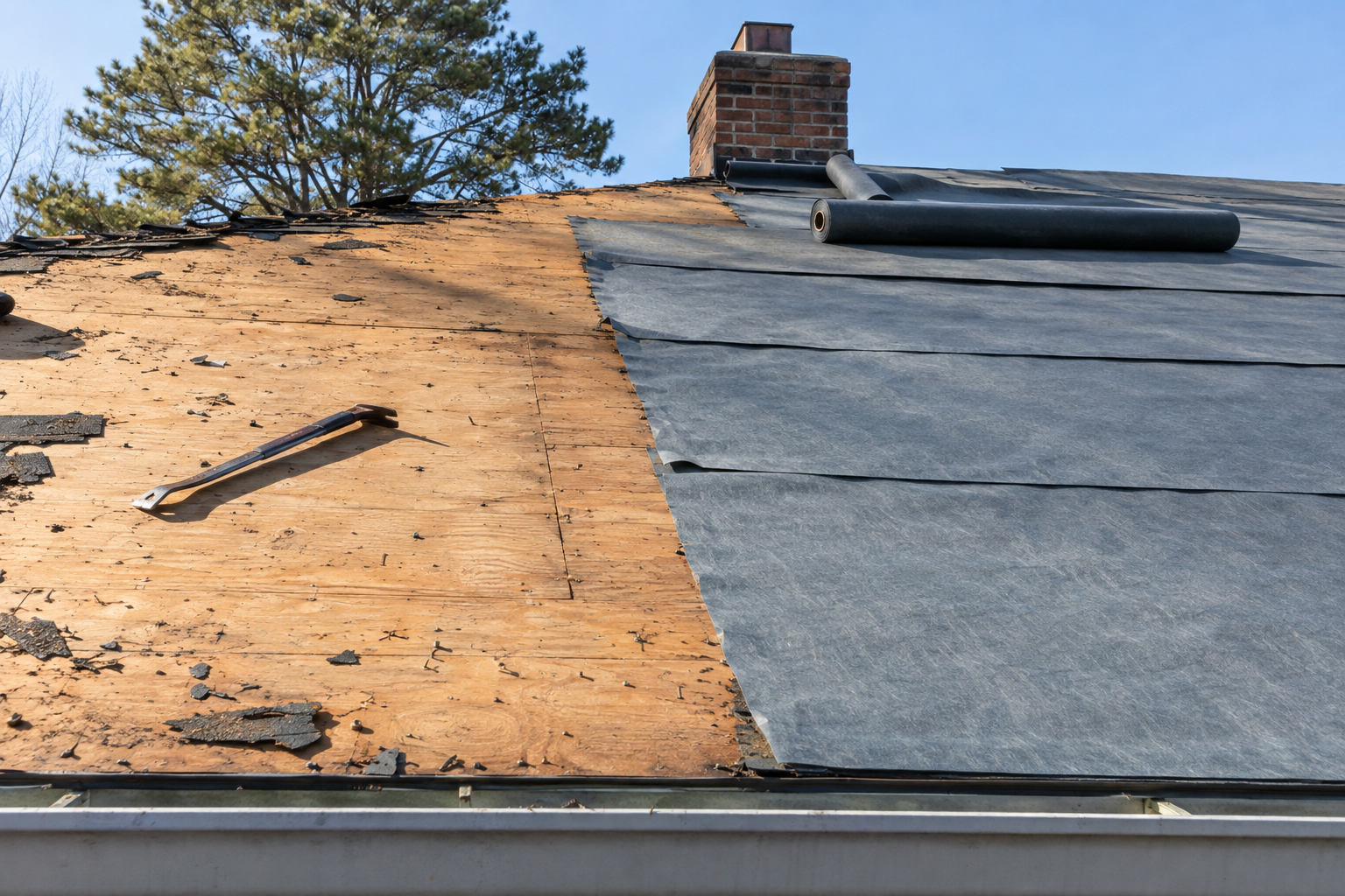 Roof slope half stripped to bare plywood deck and half covered in new underlayment