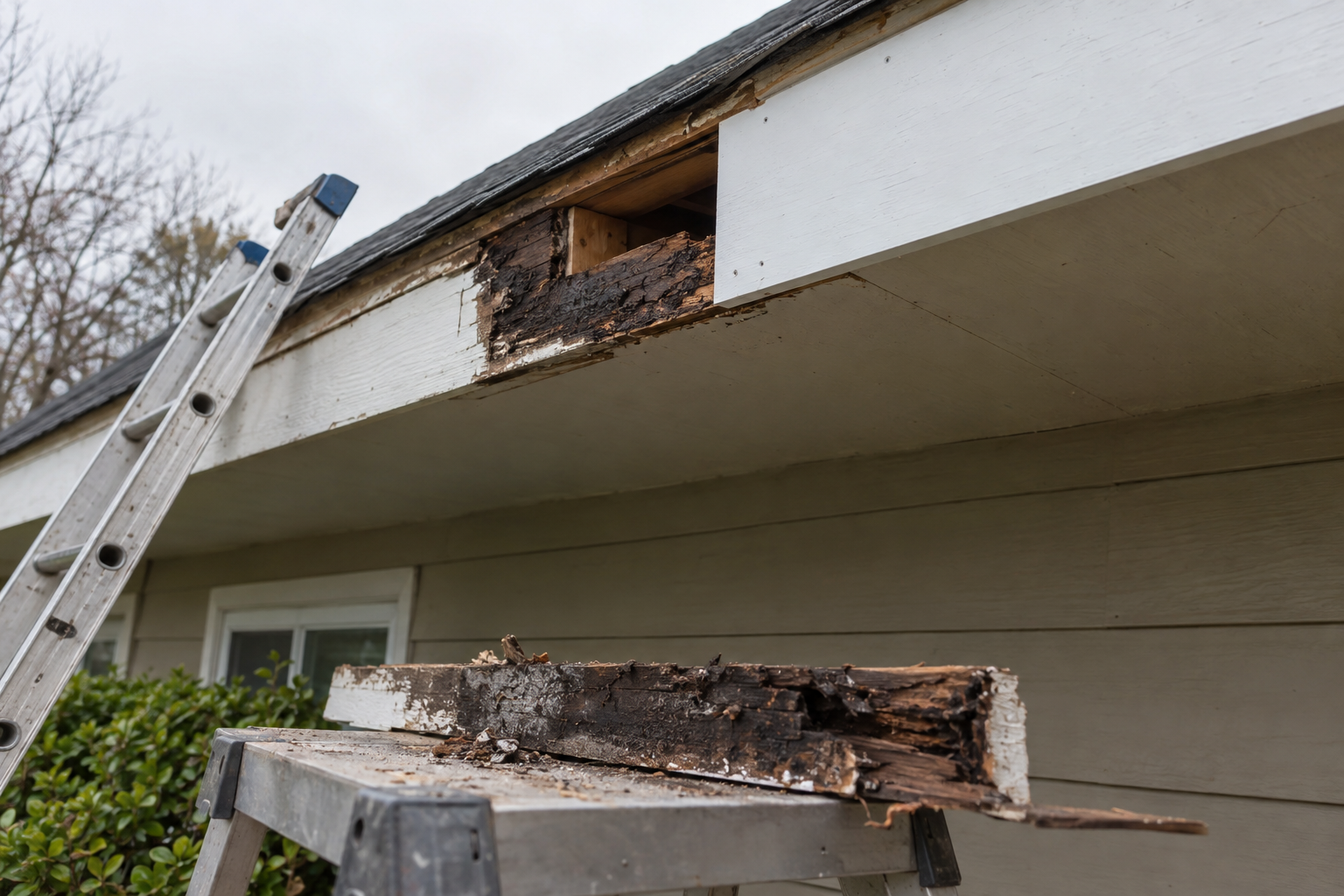 Rotted fascia board cut out at an eave with a new primed board being fitted