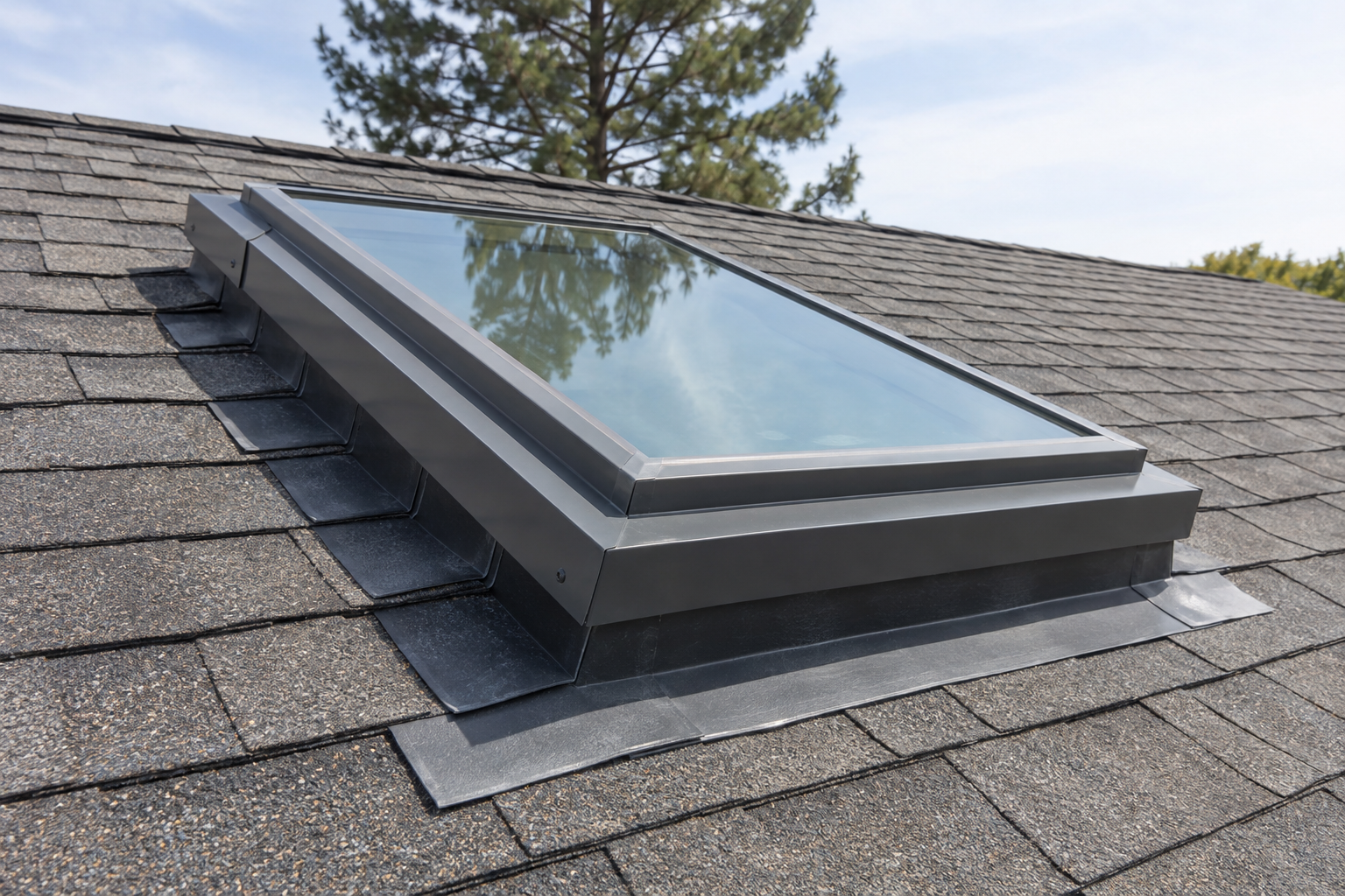 Curb-mounted skylight on a shingle roof with new step flashing set along the curb