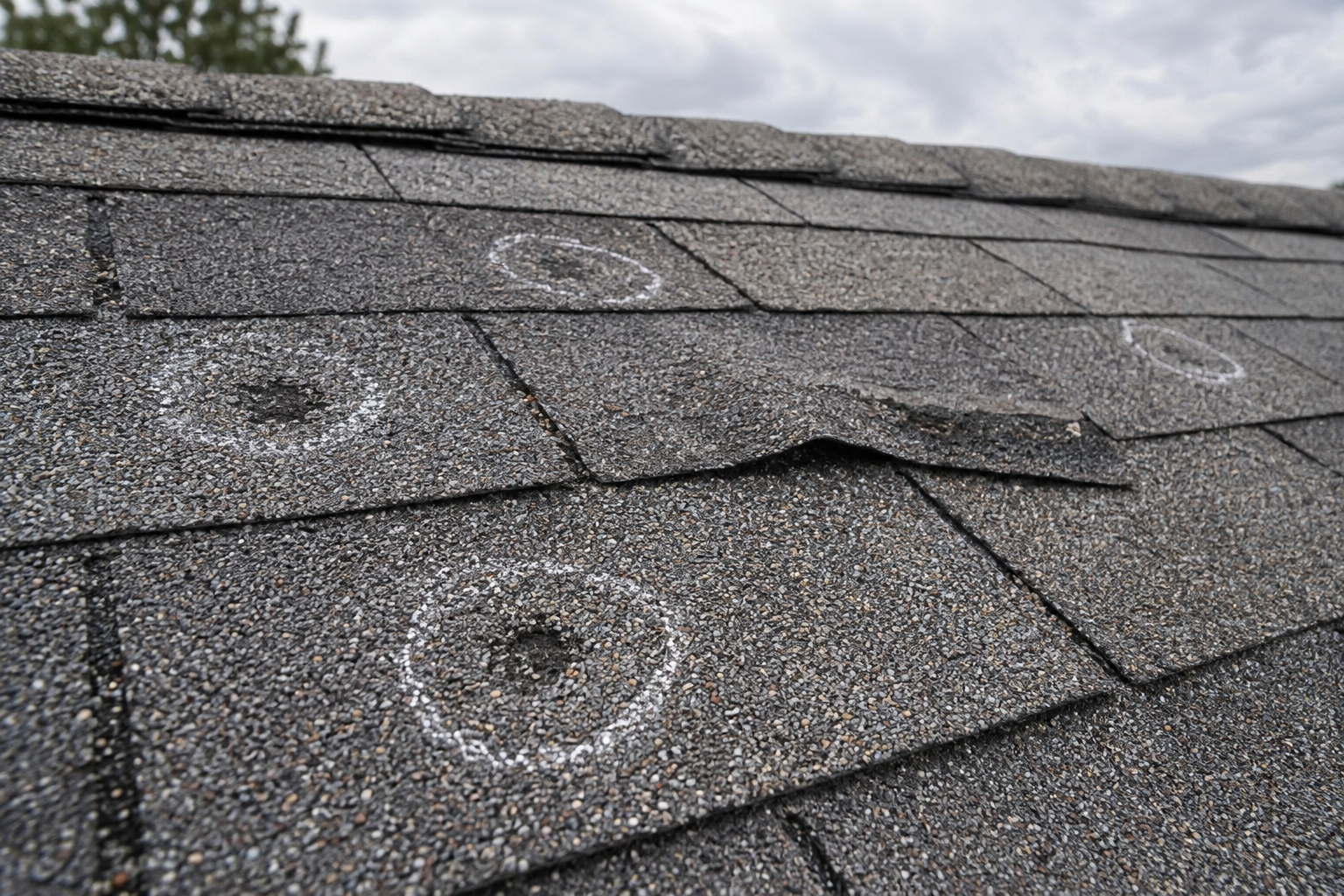 Hail bruises on asphalt shingles circled in chalk beside a wind-creased tab