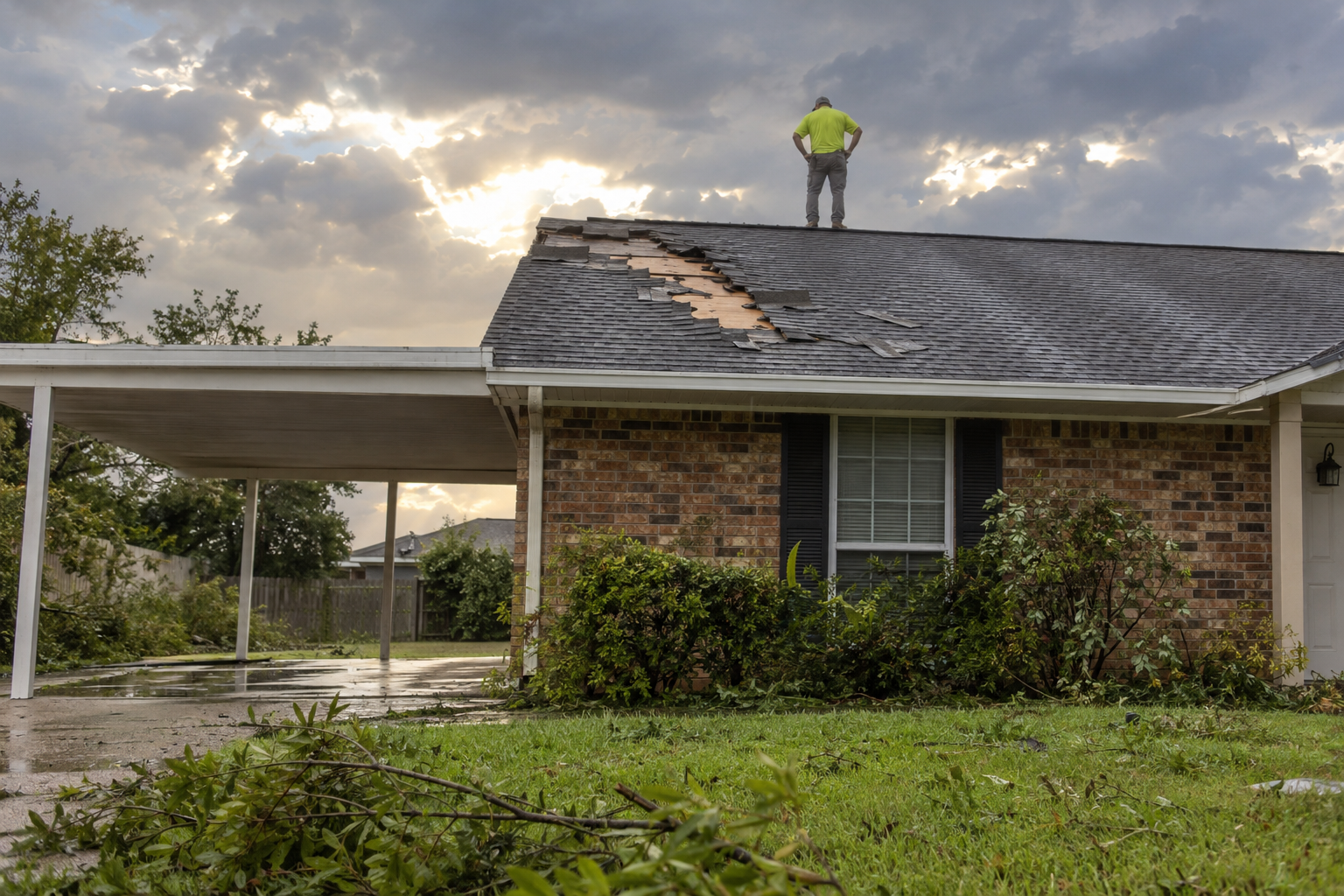 Roofer at the ridge of a house looking down a slope where wind tore away a strip of shingles