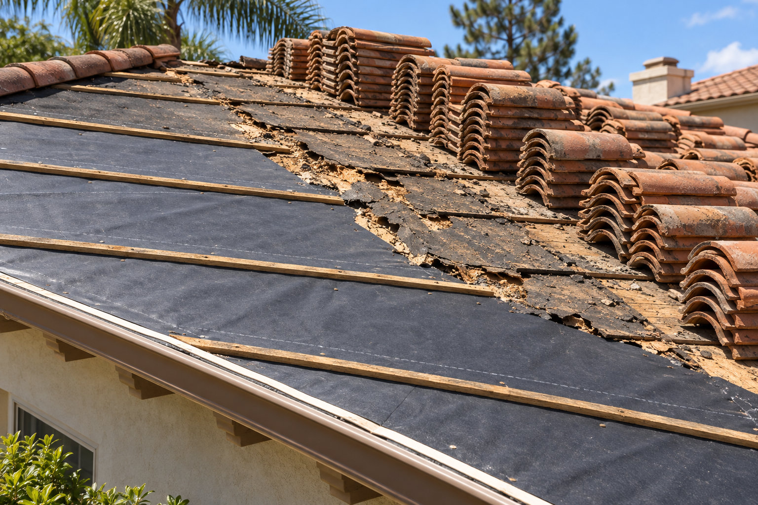 Clay roof tiles lifted and stacked beside a slope with new underlayment half laid
