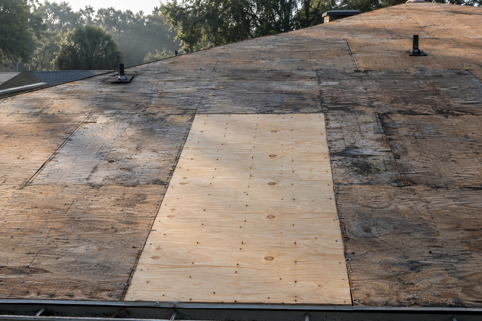 New plywood decking fitted among older weathered boards on a roof stripped to the deck