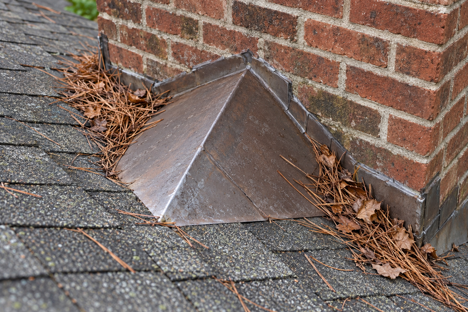 Pine needles and leaves piled in the cricket behind a brick chimney on a shingle roof