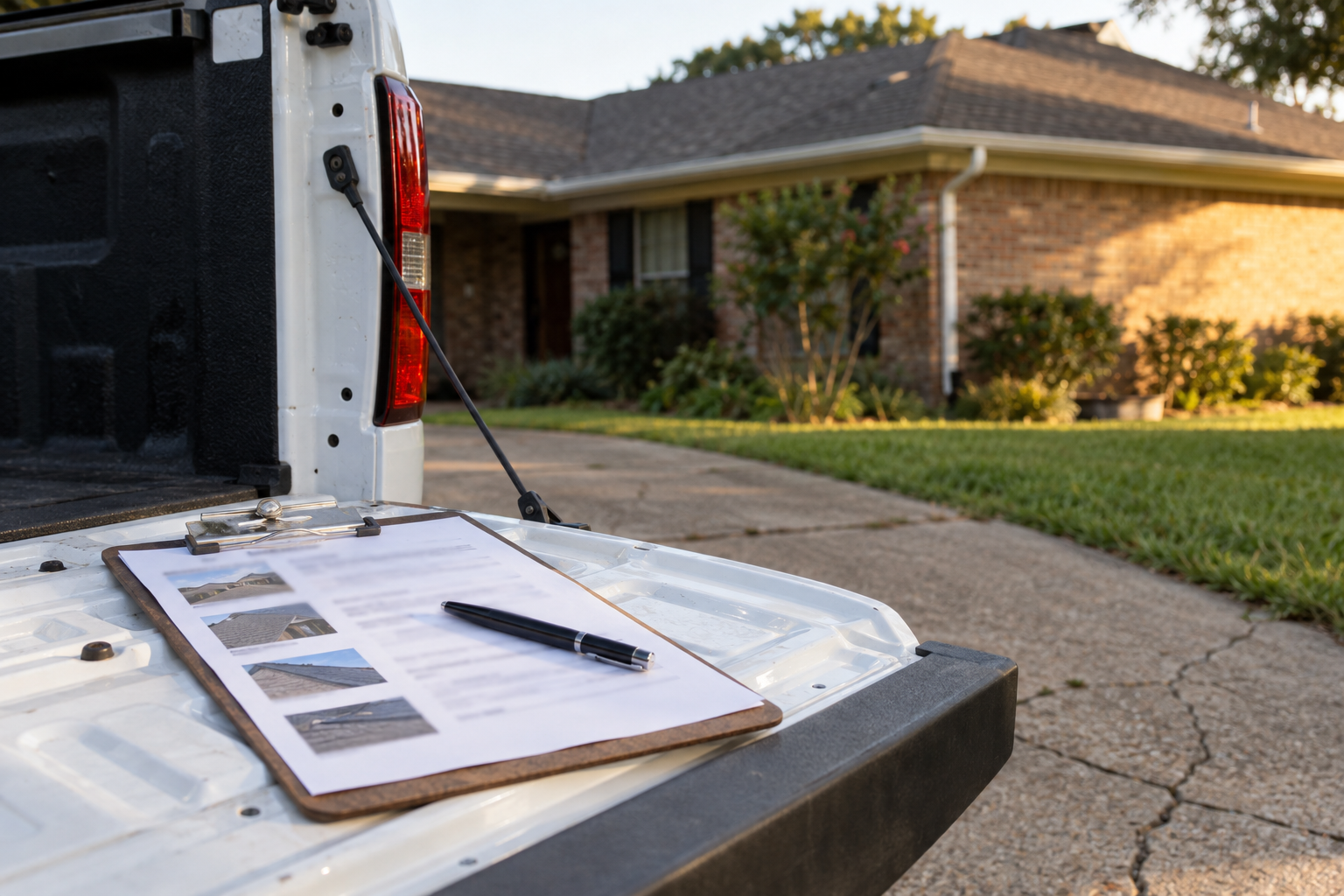 Clipboard with a roof inspection report resting on a pickup tailgate in front of a house