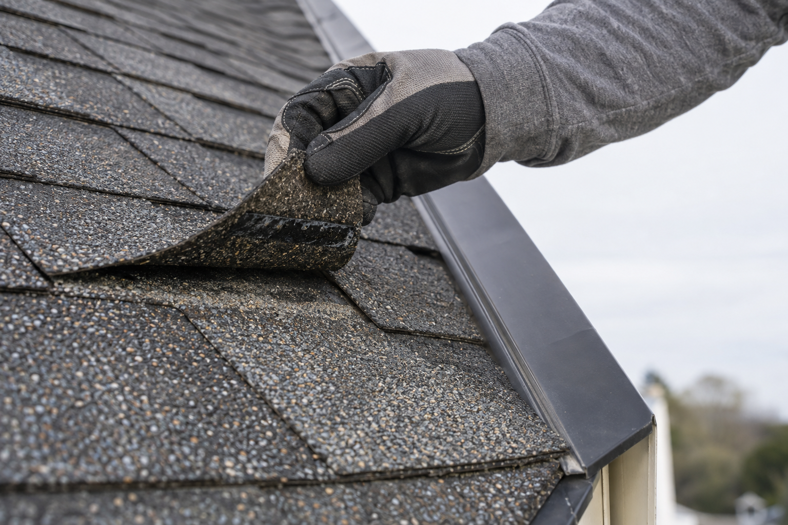 Gloved hand lifting a shingle tab at the rake edge of a roof to test its seal
