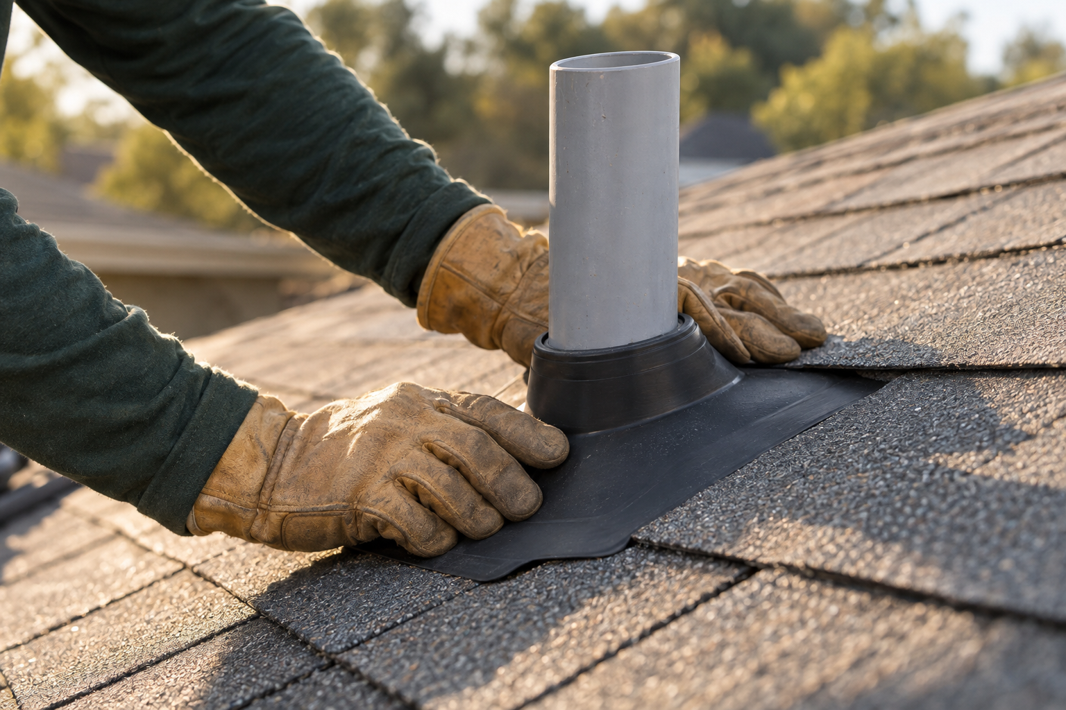 Roofer's gloved hands sealing a new rubber pipe boot collar around a vent pipe on a shingle roof