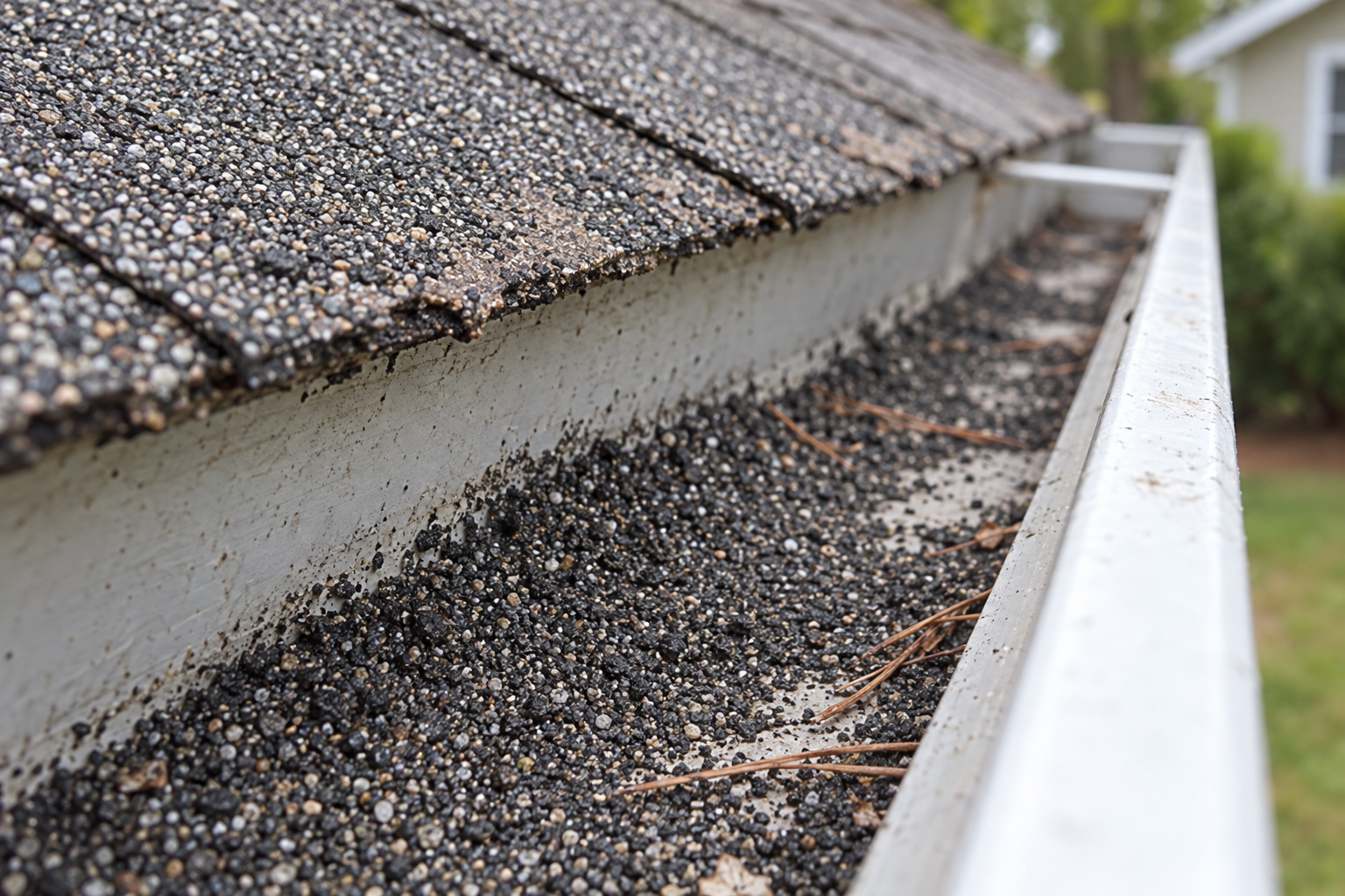 Dark shingle granules collected like coarse sand in a gutter trough under a worn shingle edge