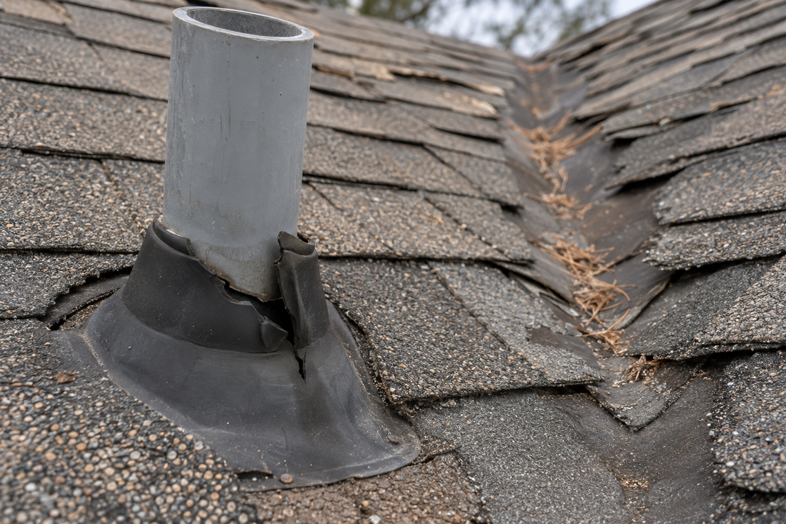 Cracked rubber pipe boot around a vent pipe on a worn shingle roof, with a weathered valley behind it