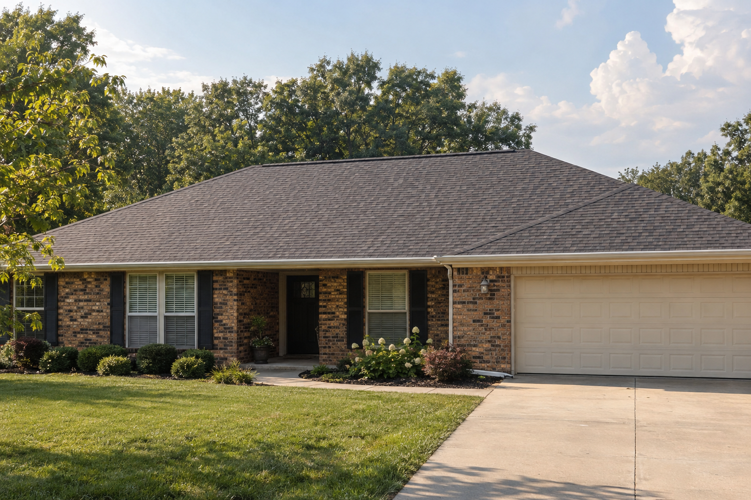 Finished architectural shingle roof on a brick ranch house with a ridge vent along the peak