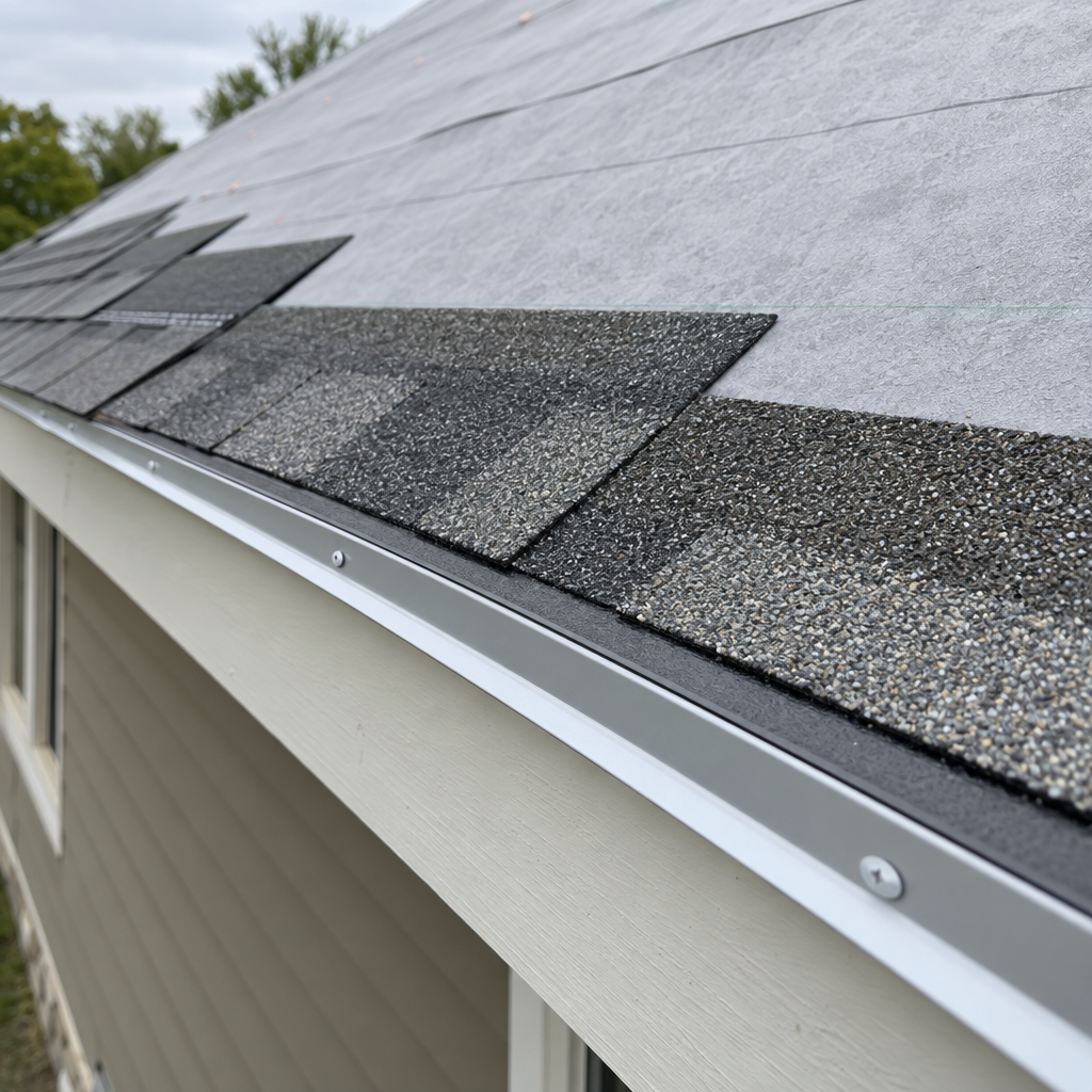 New drip edge and starter strip along an eave with the next course of shingles going on