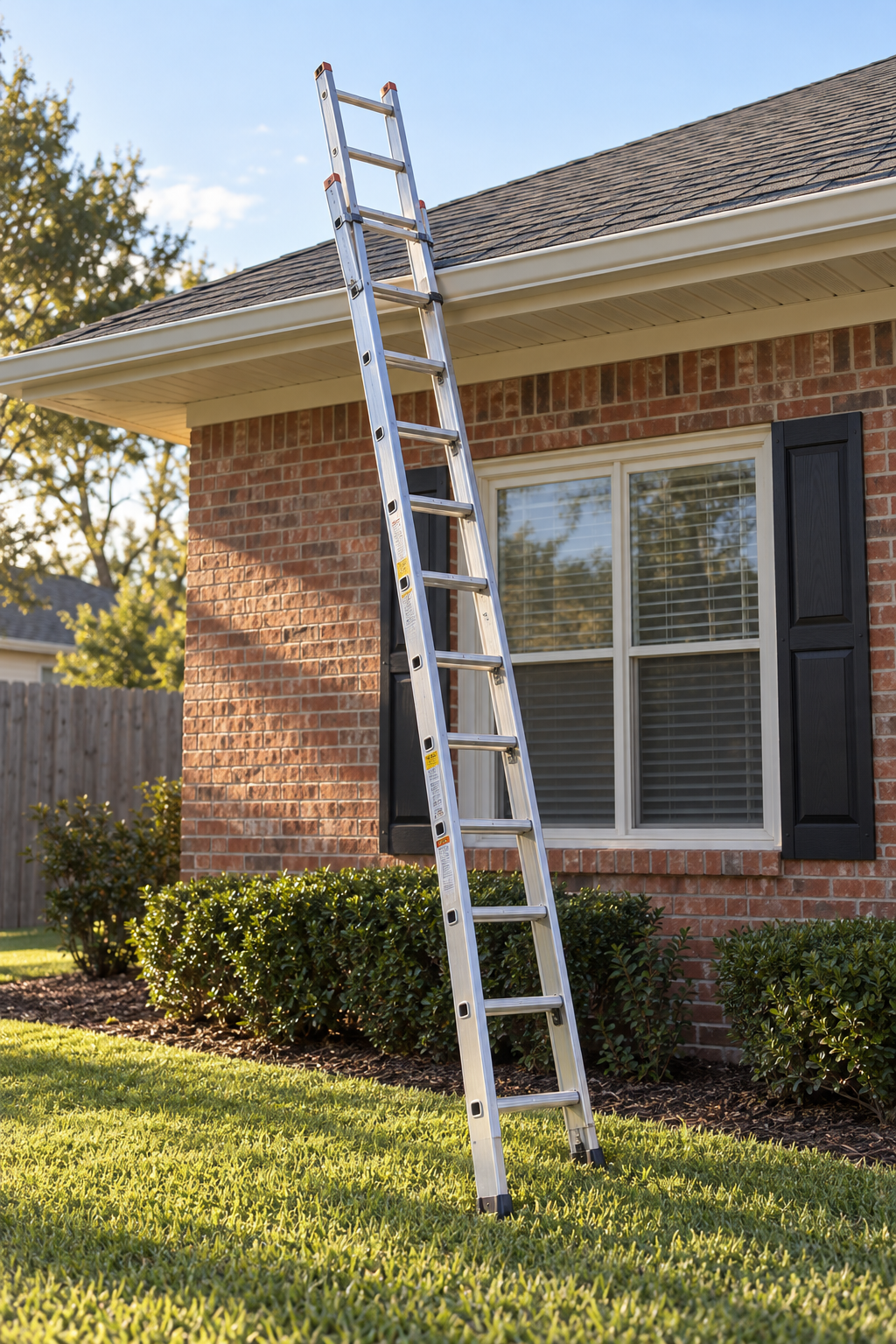 Aluminum extension ladder set against the eave of a single-story brick ranch house