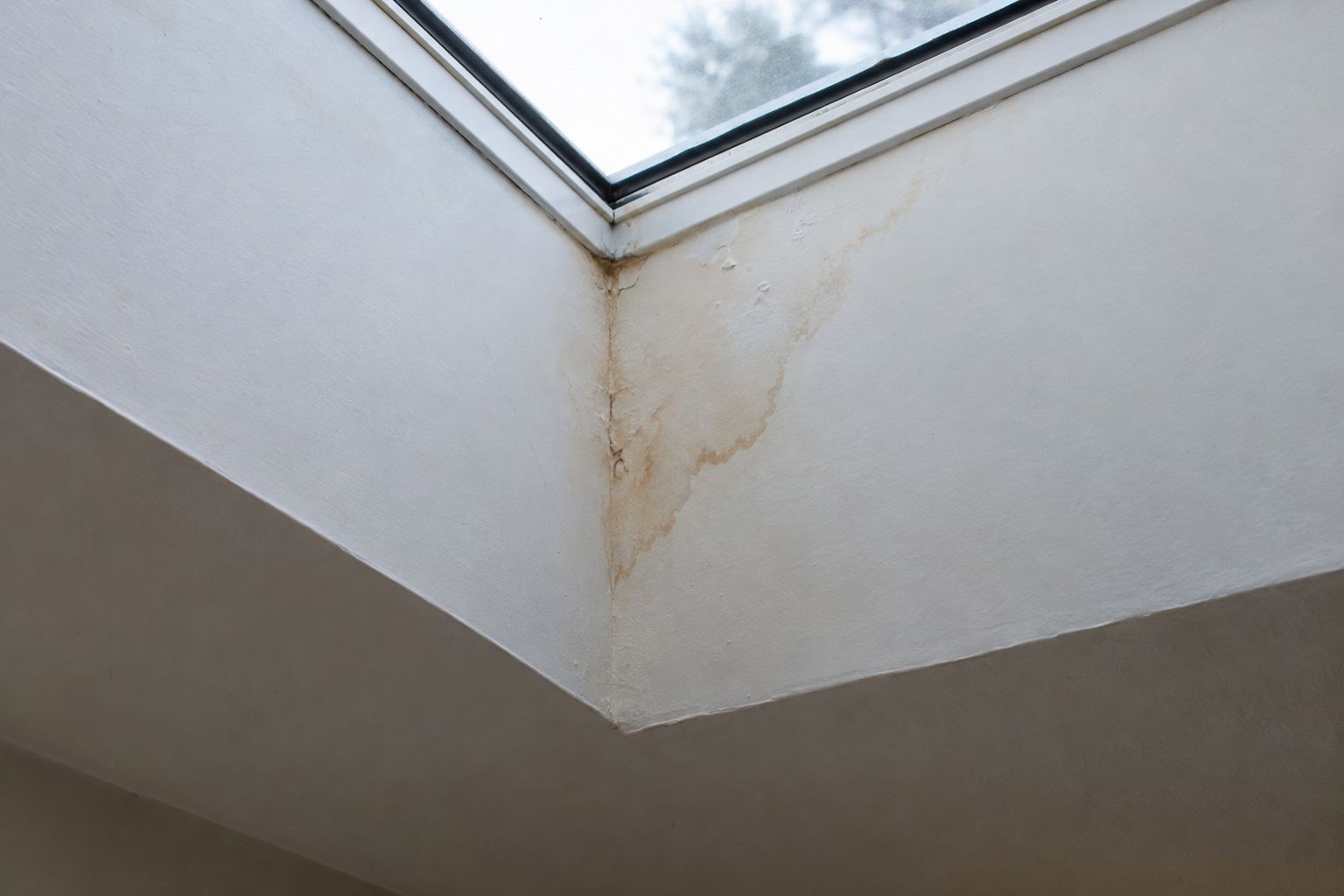 Brown water stain on white drywall at the corner of a skylight well in a ceiling