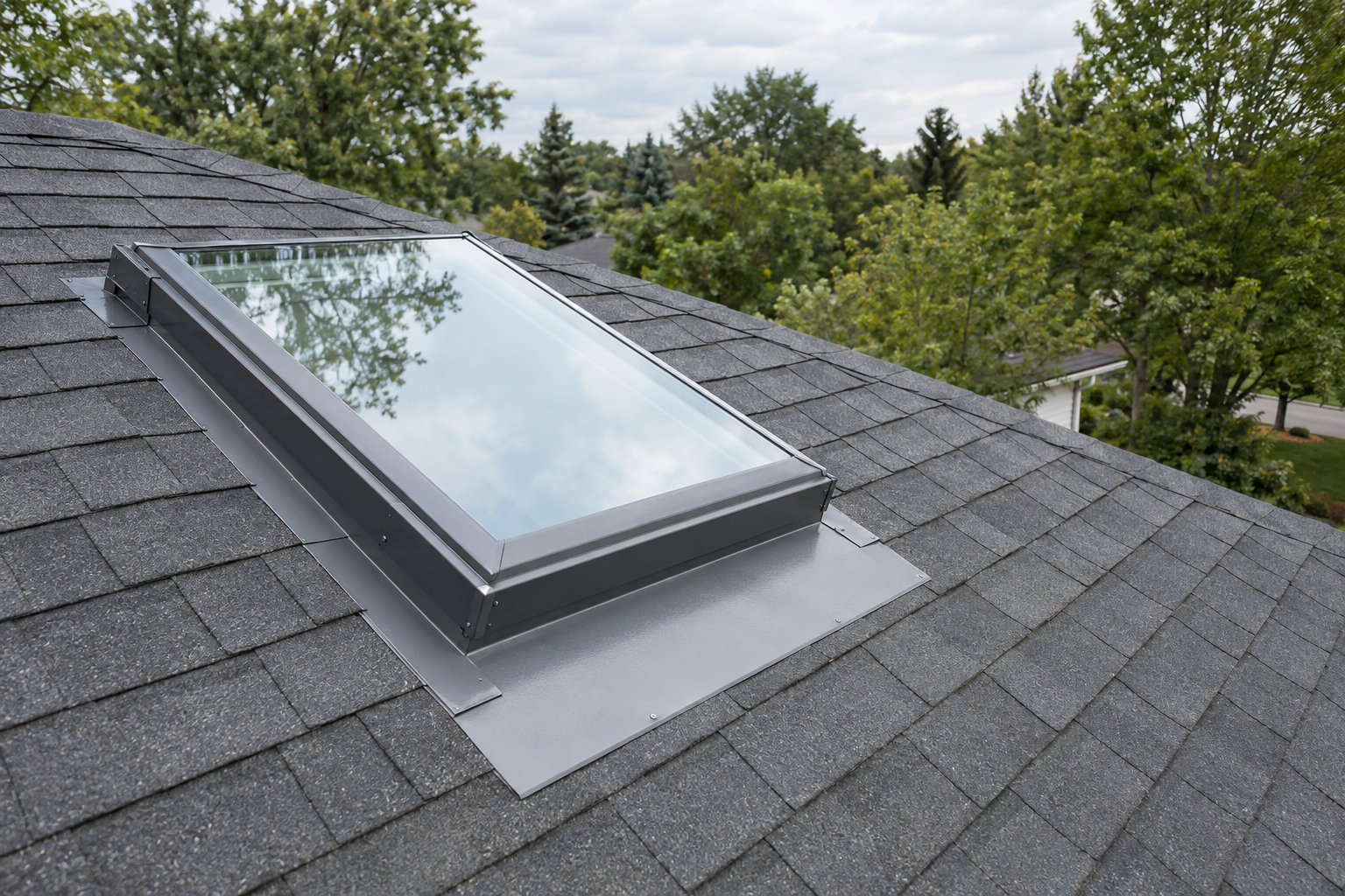 New skylight on a sloped shingle roof with fresh metal flashing around its curb and the shingles laid up to it