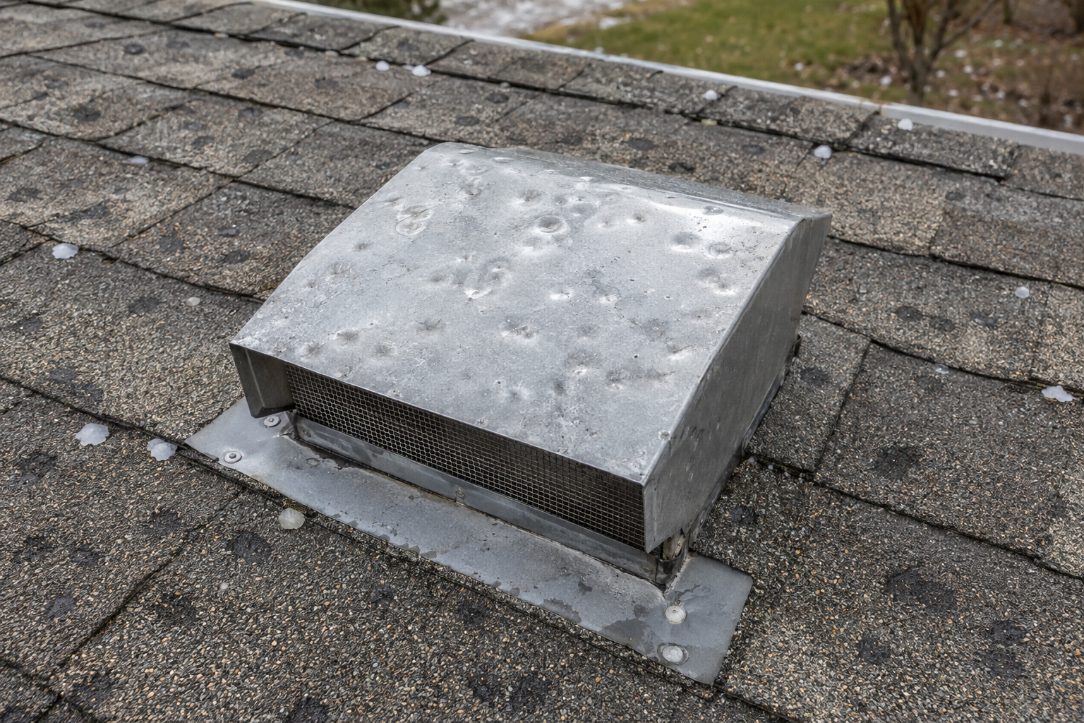 Hail dents across a metal roof vent cap with bruised shingles around it