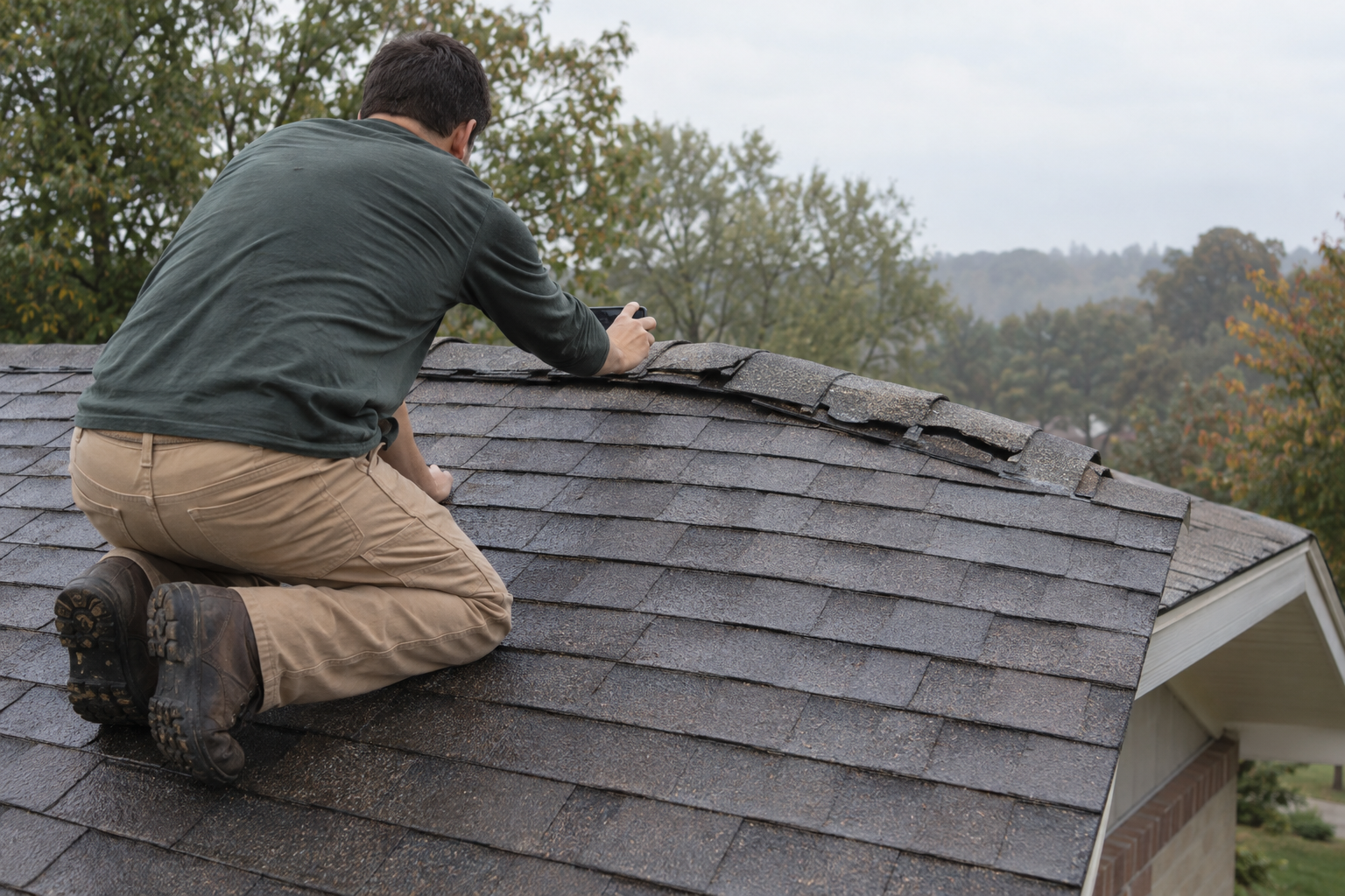 Roofer kneeling at a ridge photographing cracked and lifted ridge cap shingles with a phone